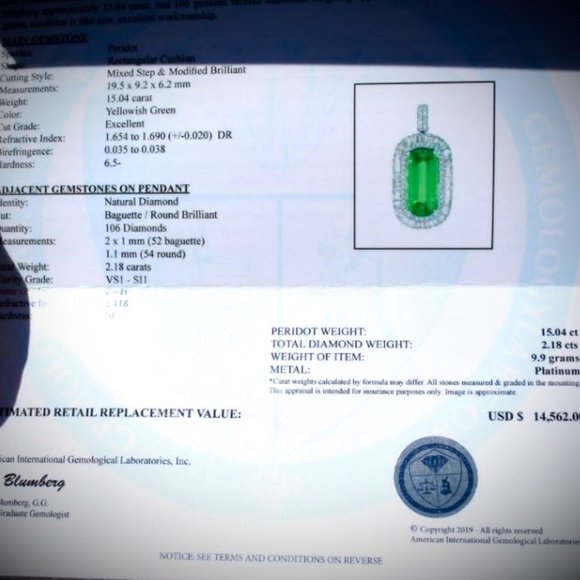 Peridot 15.04ct Diamonds Solid Platinum Pendant - Picture 7 of 10